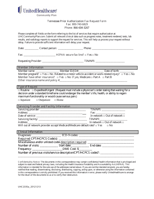 Tennessee Prior Authorization Fax Request Form - Unitedhealthcare - Tennessee