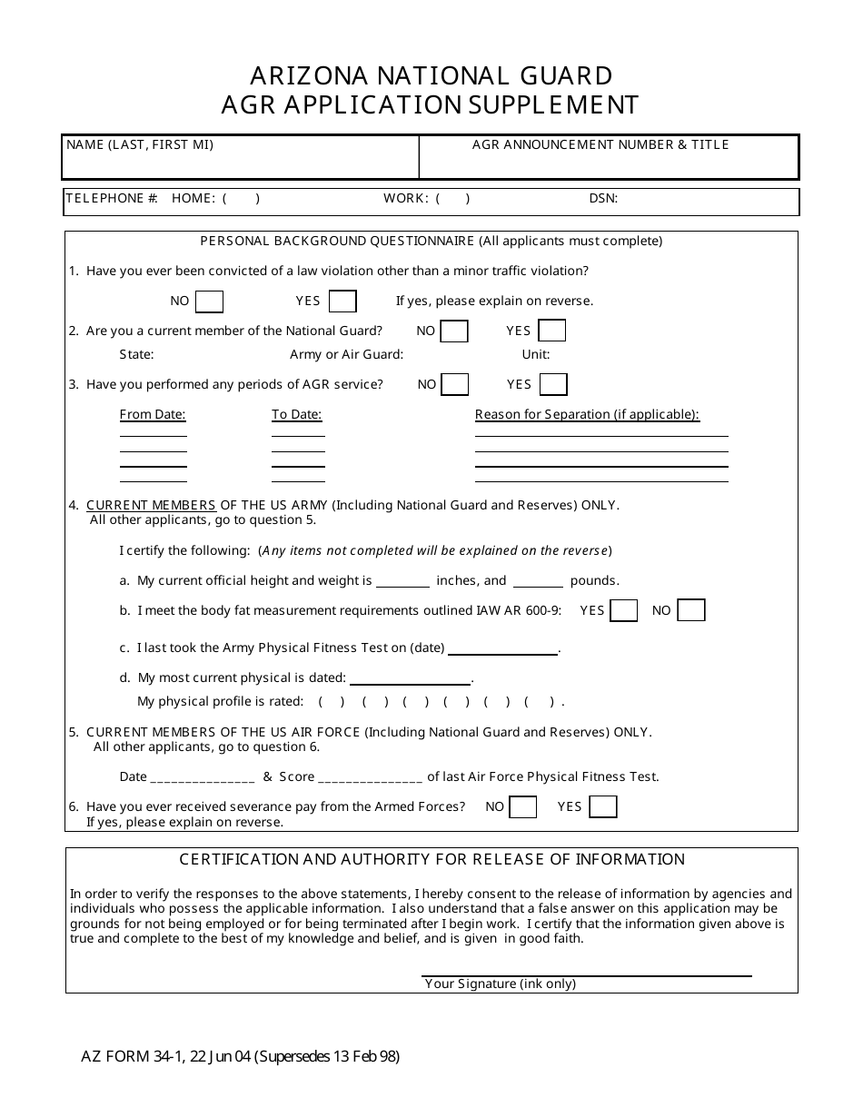 Form 34-1 Agr Application Supplement - Arizona, Page 1