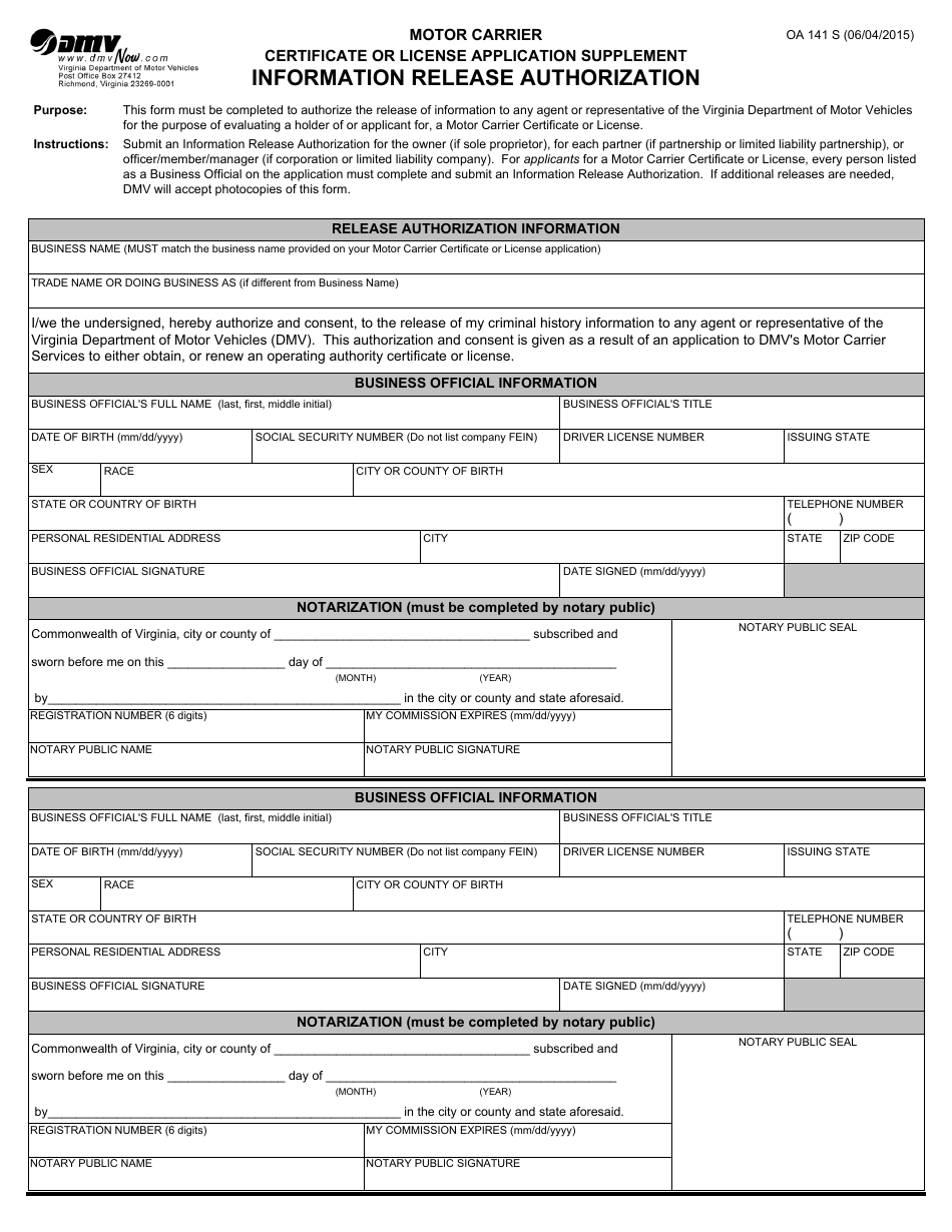 Form OA141 s Fill Out Sign Online and Download Fillable PDF