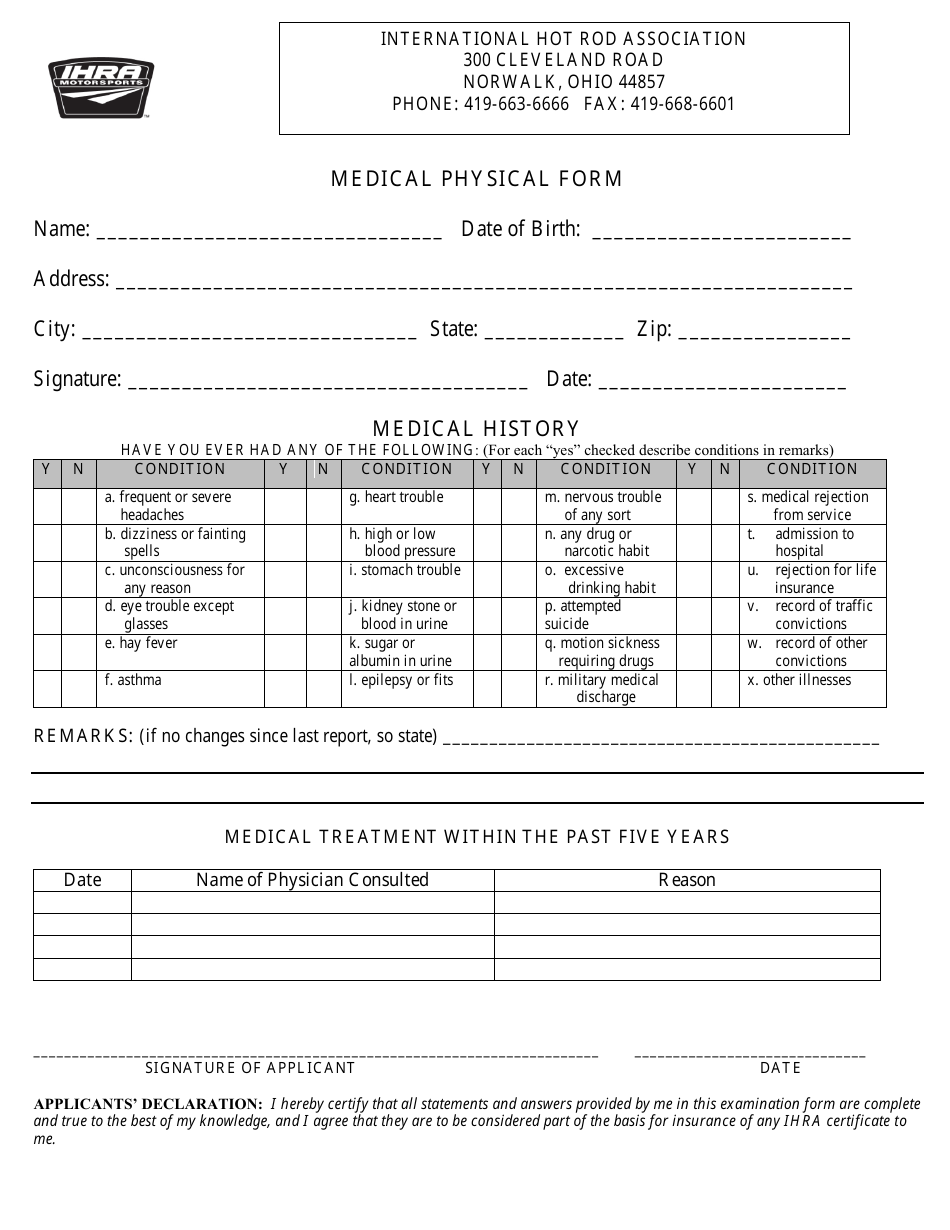 Medical Physical Form - International Hot Rod Association - Ohio, Page 1