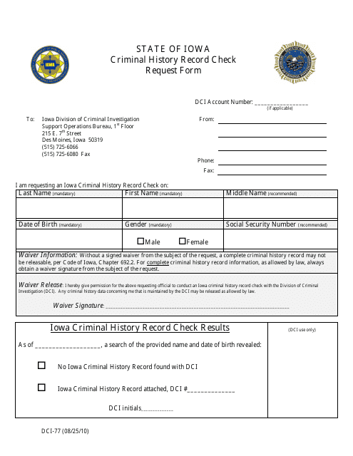 Form DCI-77 Criminal History Record Check Request - Iowa