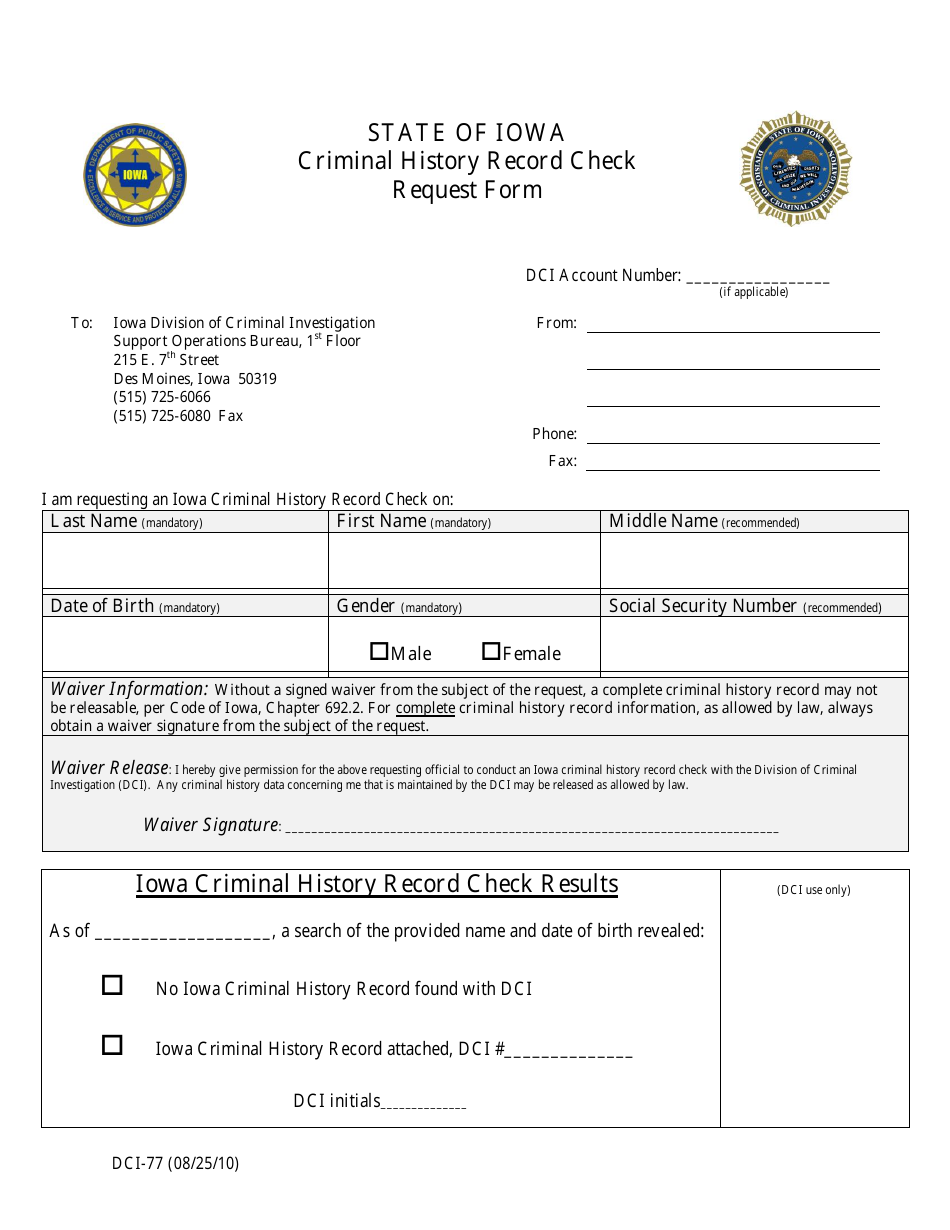 Form DCI-77 Criminal History Record Check Request - Iowa, Page 1
