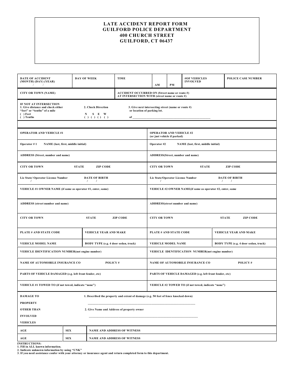 Late Accident Report Form - Guilford, Connecticut, Page 1