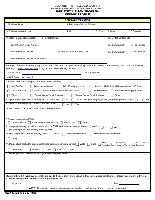 FEMA Form 516-0-0-3 Industry Liaison Program Vendor Profile Form