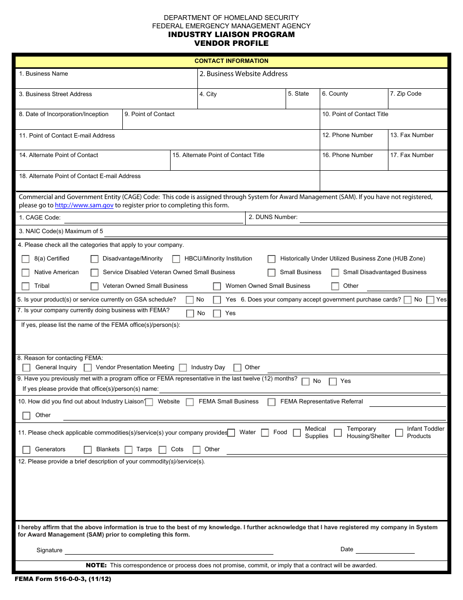 FEMA Form 516-0-0-3 Industry Liaison Program Vendor Profile Form, Page 1