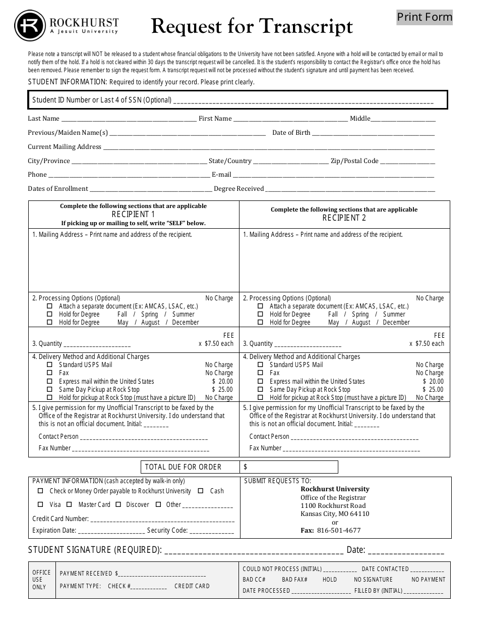 Request Form for Transcript - Rockhurst University, Page 1