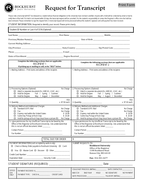 Request Form for Transcript - Rockhurst University