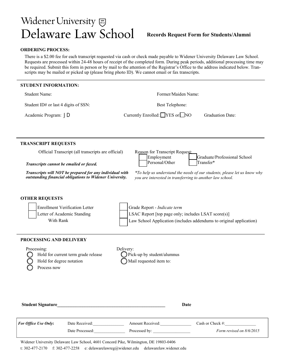 Transcript Request Form for Students / Alumni - Widener University Delaware Law School - Delaware, Page 1