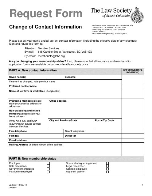 Form DM35544 Request Form - Change of Contact Information - British Columbia, Canada