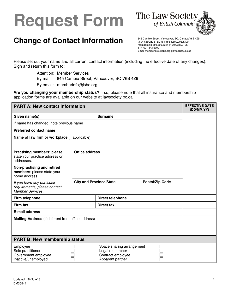 Form DM35544 Request Form - Change of Contact Information - British Columbia, Canada, Page 1