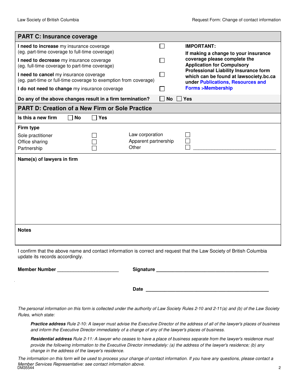 Form DM35544 Request Form - Change of Contact Information - British Columbia, Canada, Page 2