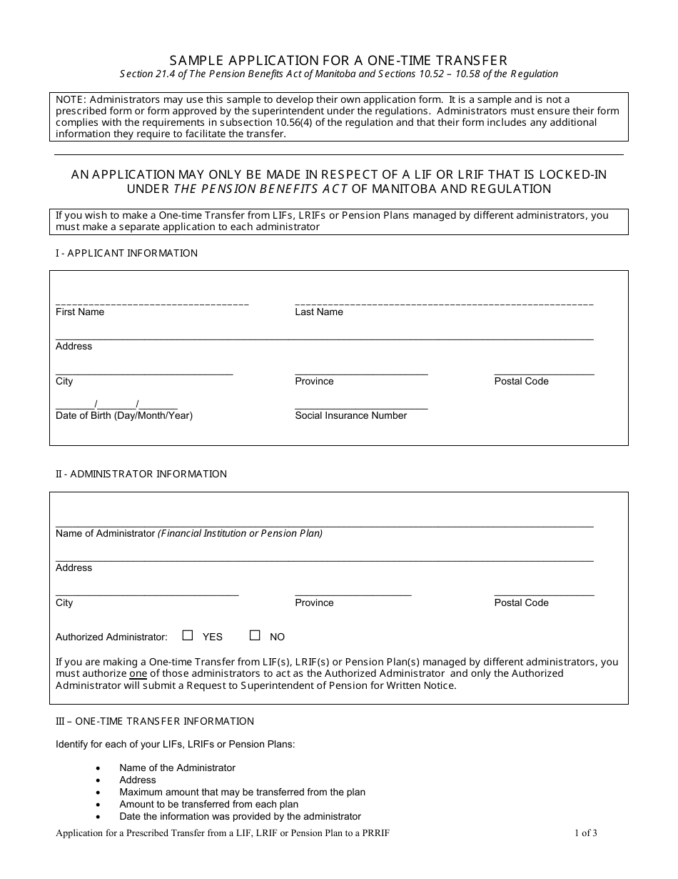 Sample Application Form for a One-Time Transfer - Manitoba, Canada, Page 1