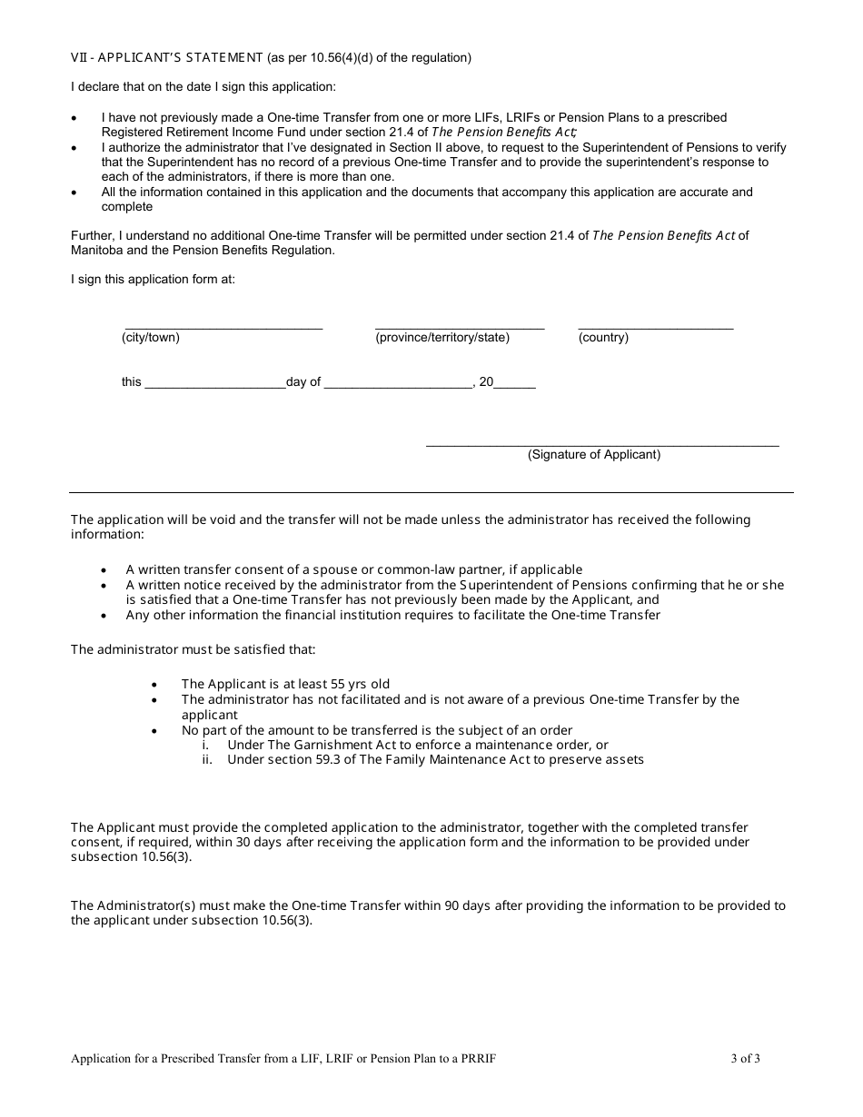 Manitoba Canada Sample Application Form for a One-Time Transfer - Fill ...