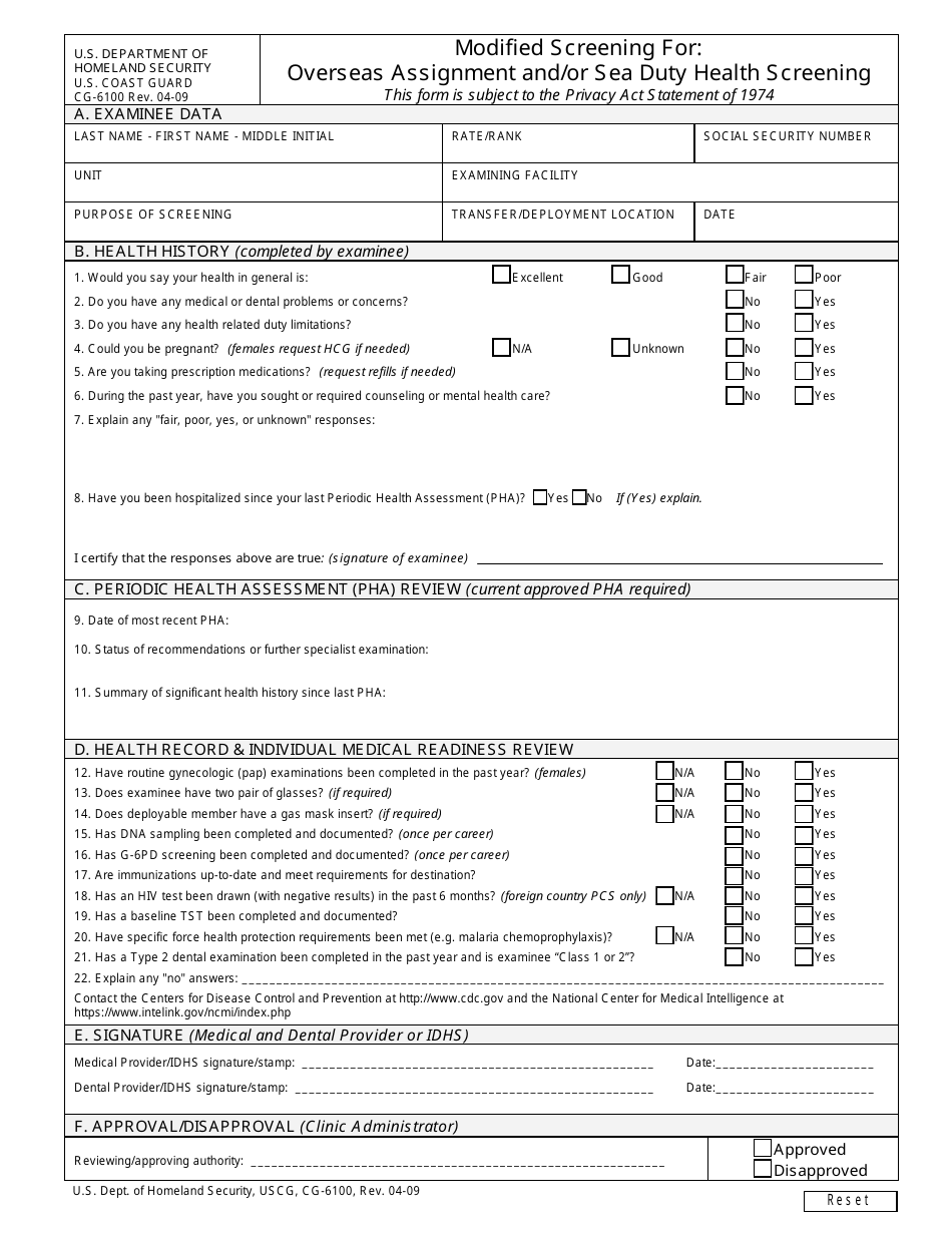 Form CG-6100 Modified Screening for: Overseas Assignment and / or Sea Duty Health Screening, Page 1