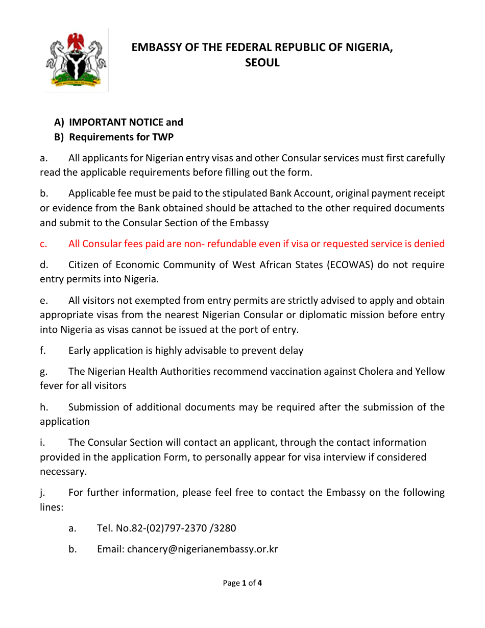 Nigeria Twp Visa Application Form - Embassy of Nigeria - Seoul, South Korea, Page 1