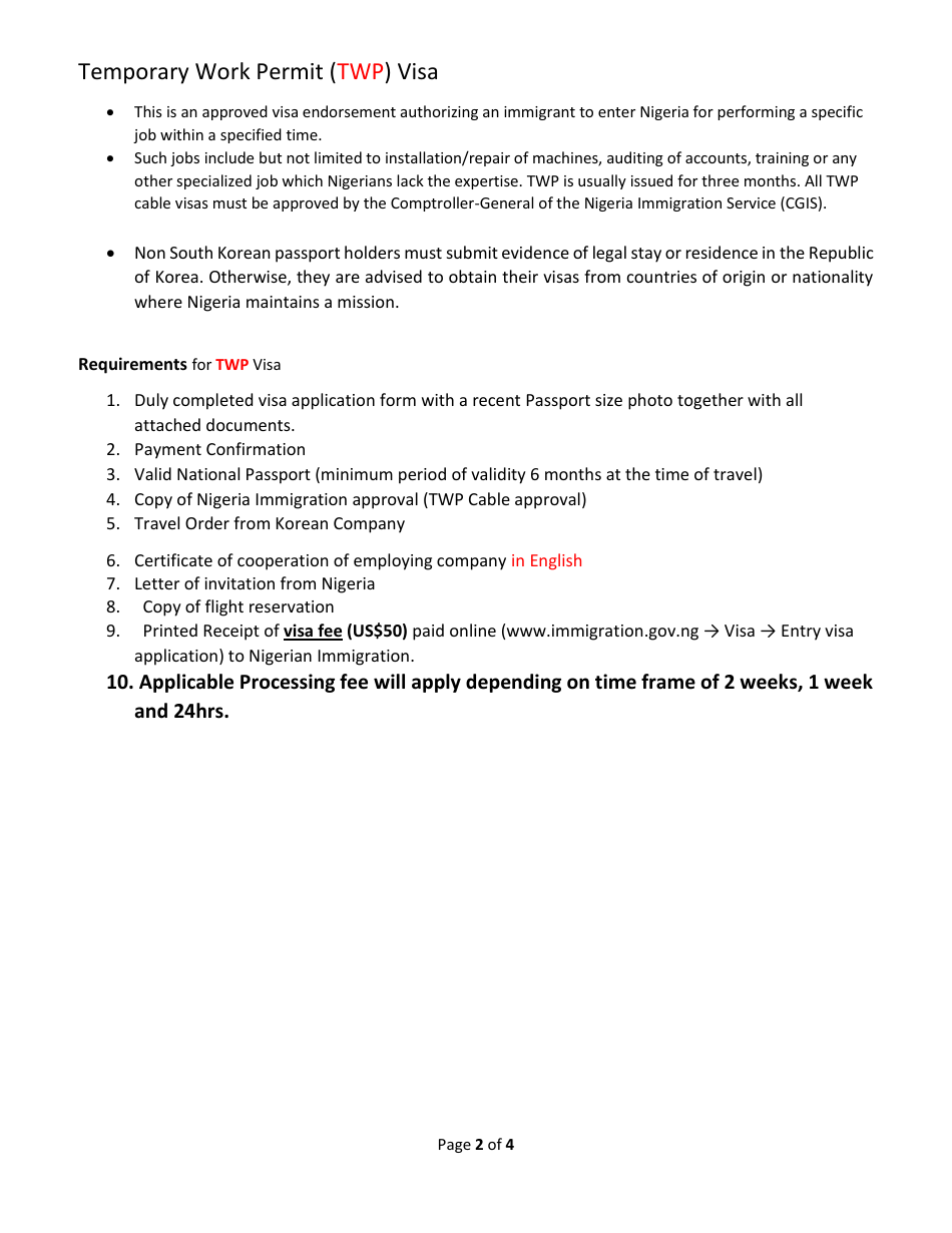 Nigeria Twp Visa Application Form - Embassy of Nigeria - Seoul, South Korea, Page 2