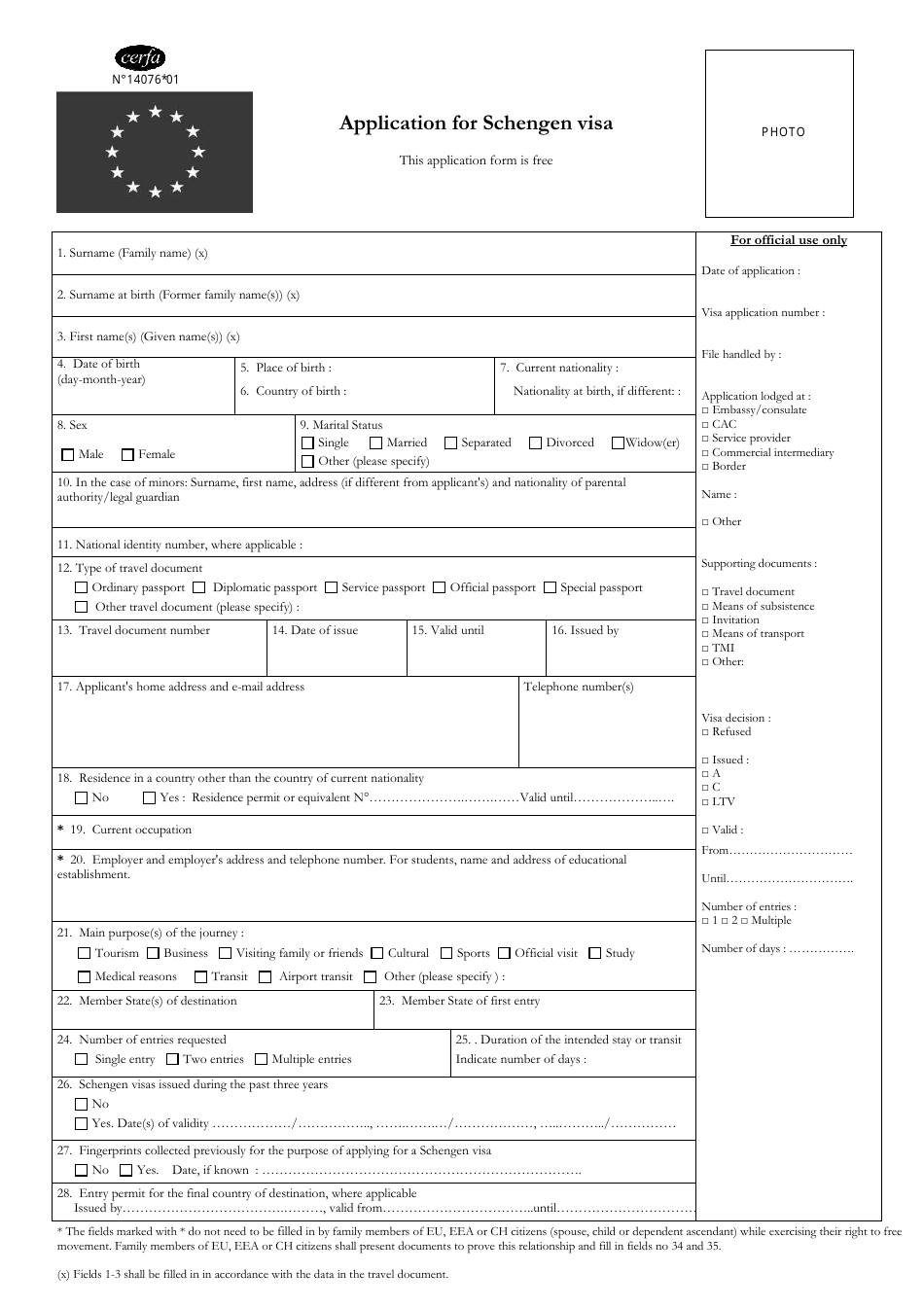 Shengen Visa Application Form - Paris, Metropolitan France, Page 1