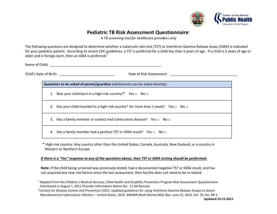 Pediatric Tb Risk Assessment Questionnaire - County of Los Angeles, California, Page 1