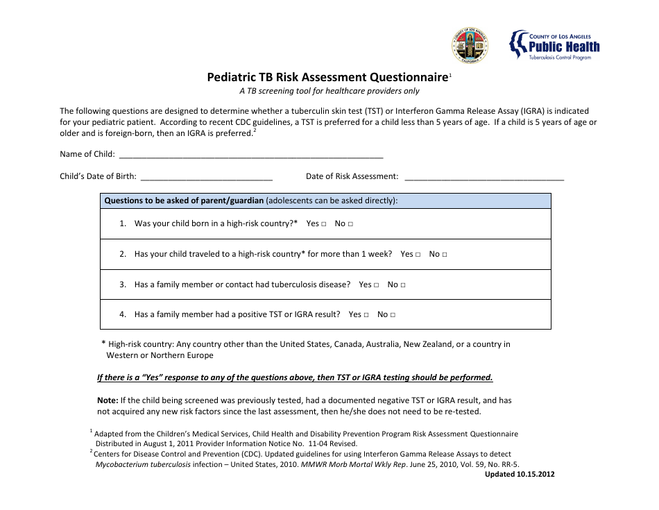County of Los Angeles, California Pediatric Tb Risk Assessment