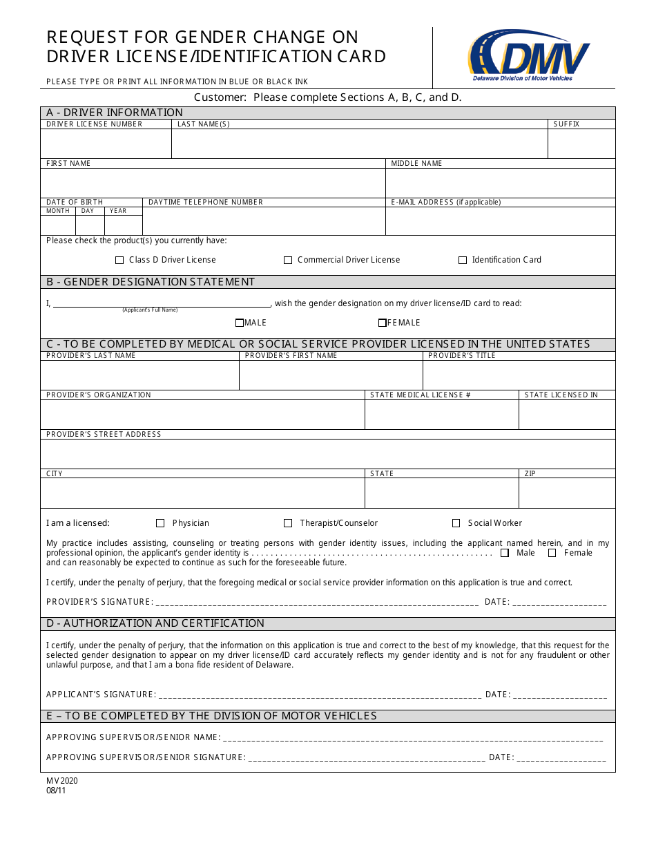 Form MV2020 Request for Gender Change on Driver License / Identification Card - Delaware, Page 1