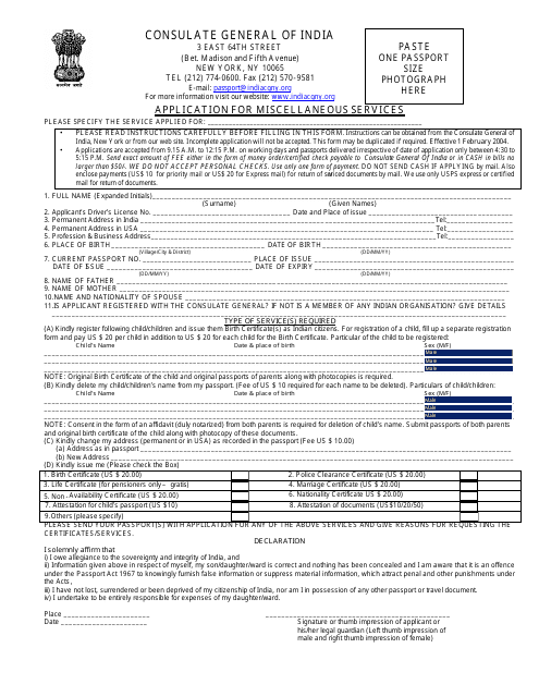 Application for Miscellaneous Services - Consulate General of India - New York City