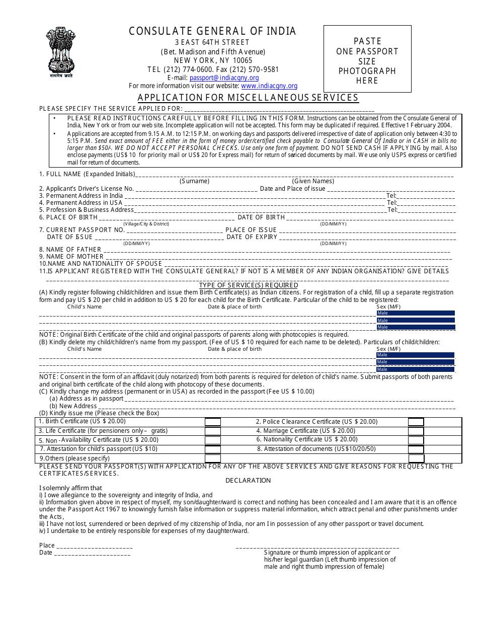 New York City Application For Miscellaneous Services Consulate General Of India Download Fillable Pdf Templateroller