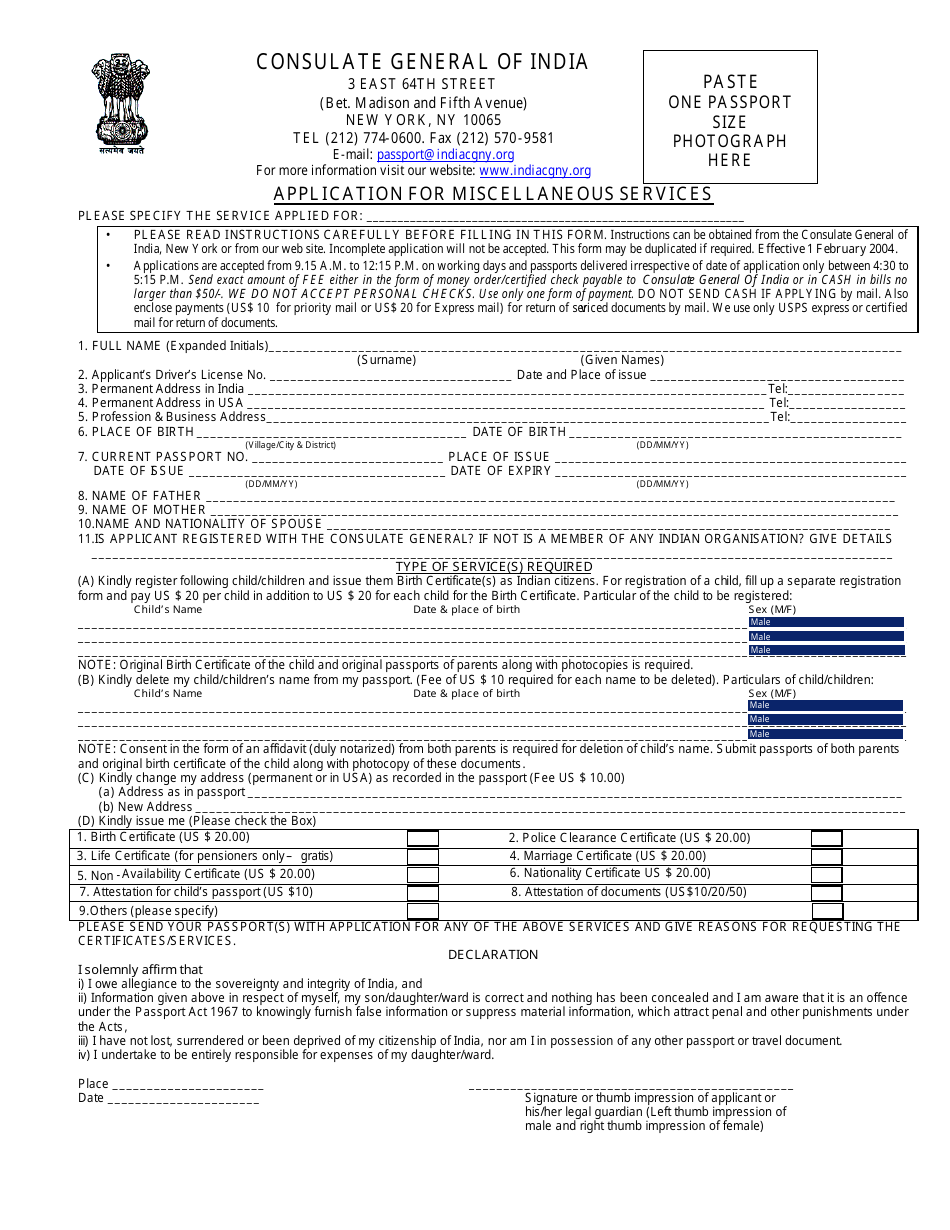 Application for Miscellaneous Services - Consulate General of India - New York City, Page 1