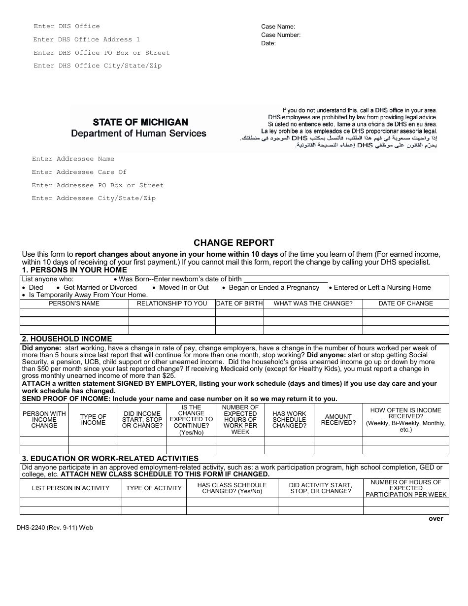 Form DHS-2240 Change Report - Michigan, Page 1
