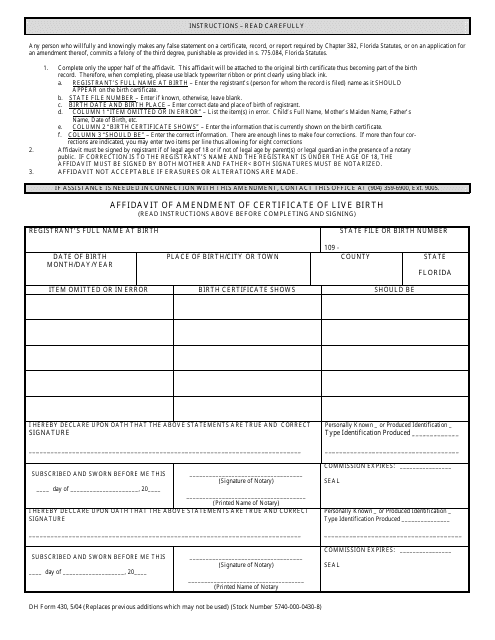 Form DH-430 Affidavit of Amendment of Certificate of Live Birth - Florida