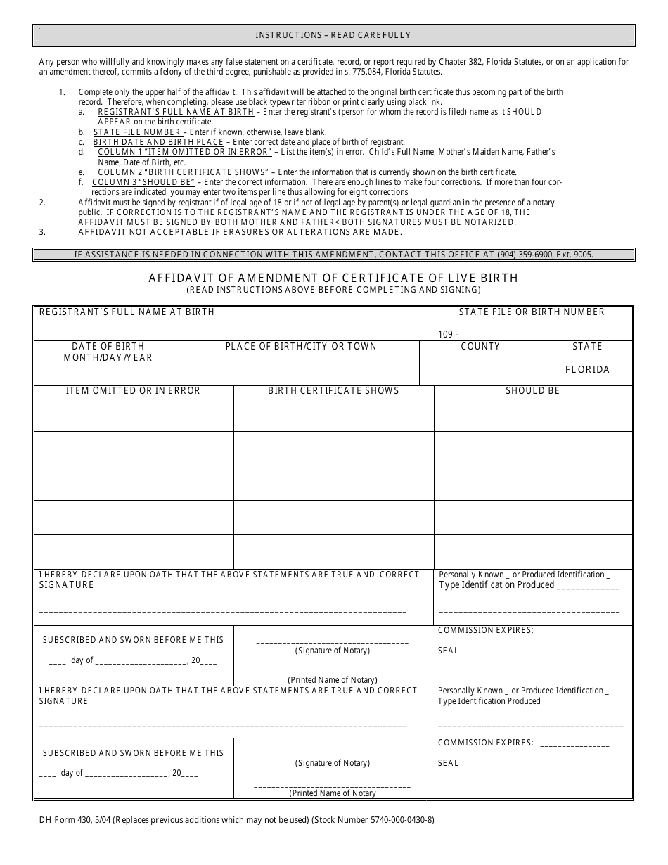 Form DH-430 Affidavit of Amendment of Certificate of Live Birth - Florida, Page 1