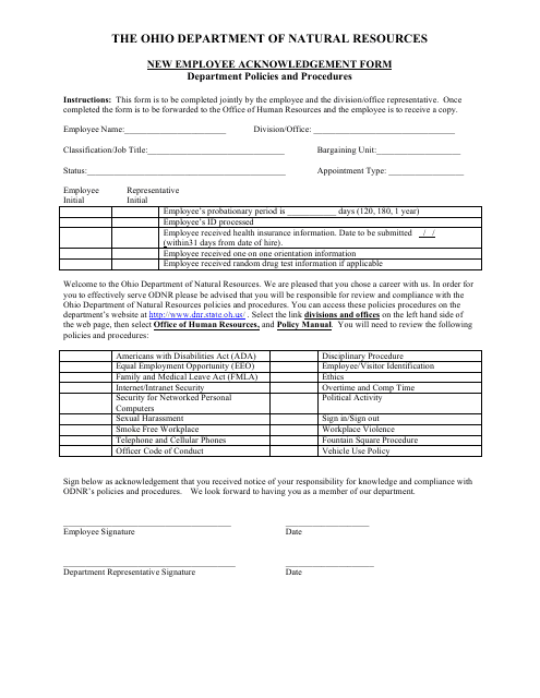 New Employee Acknowledgement Form - Ohio