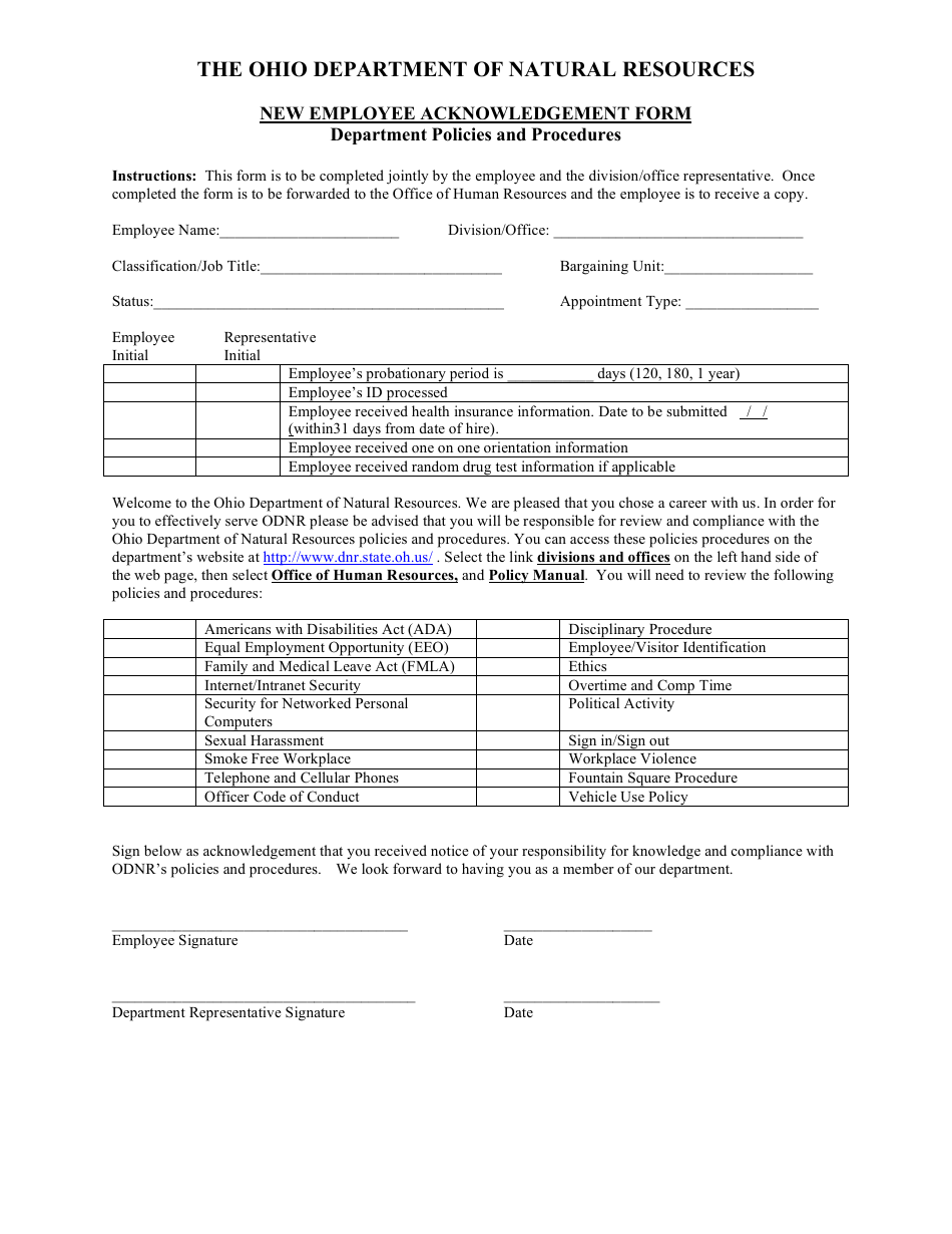 Ohio New Employee Acknowledgement Form Fill Out, Sign Online and