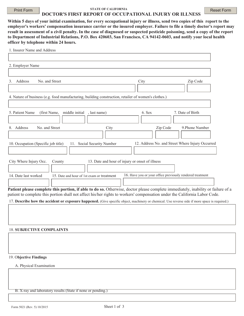 Form 5021 Doctors First Report of Occupational Injury or Illness - California, Page 1