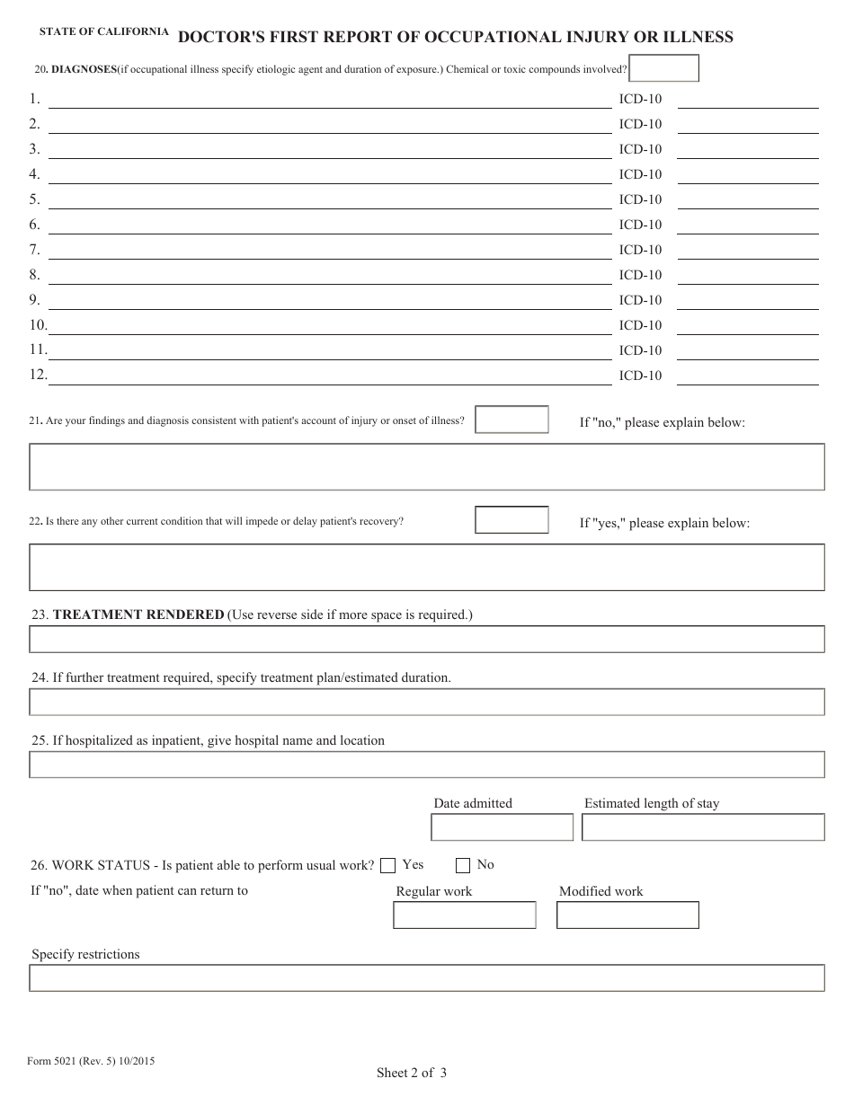 Form 5021 Doctors First Report of Occupational Injury or Illness - California, Page 2