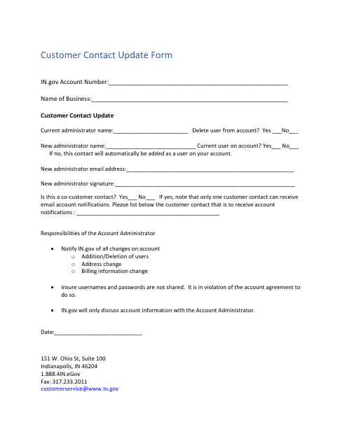 Customer Contact Update Form - Indiana Download Pdf