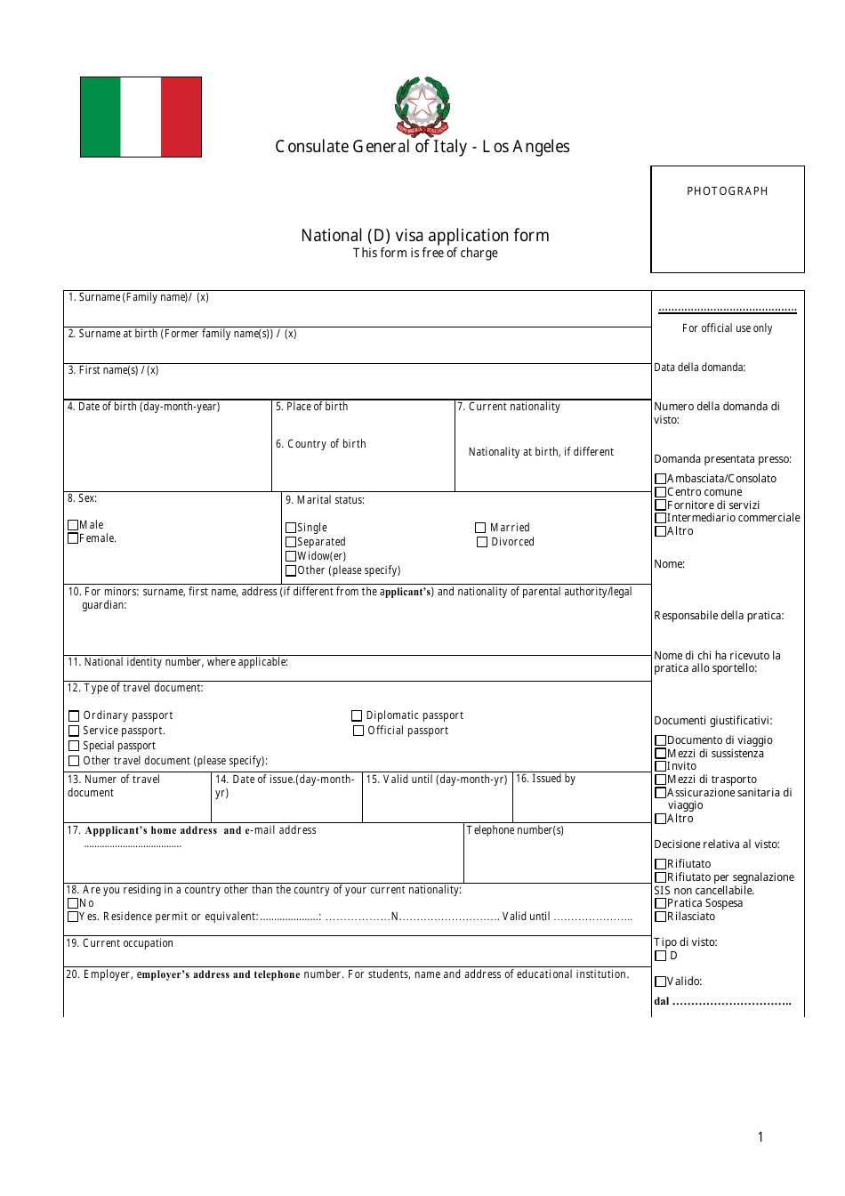 Italy National (D) Visa Application Form - Consulate General of Italy - Los Angeles, California, Page 1