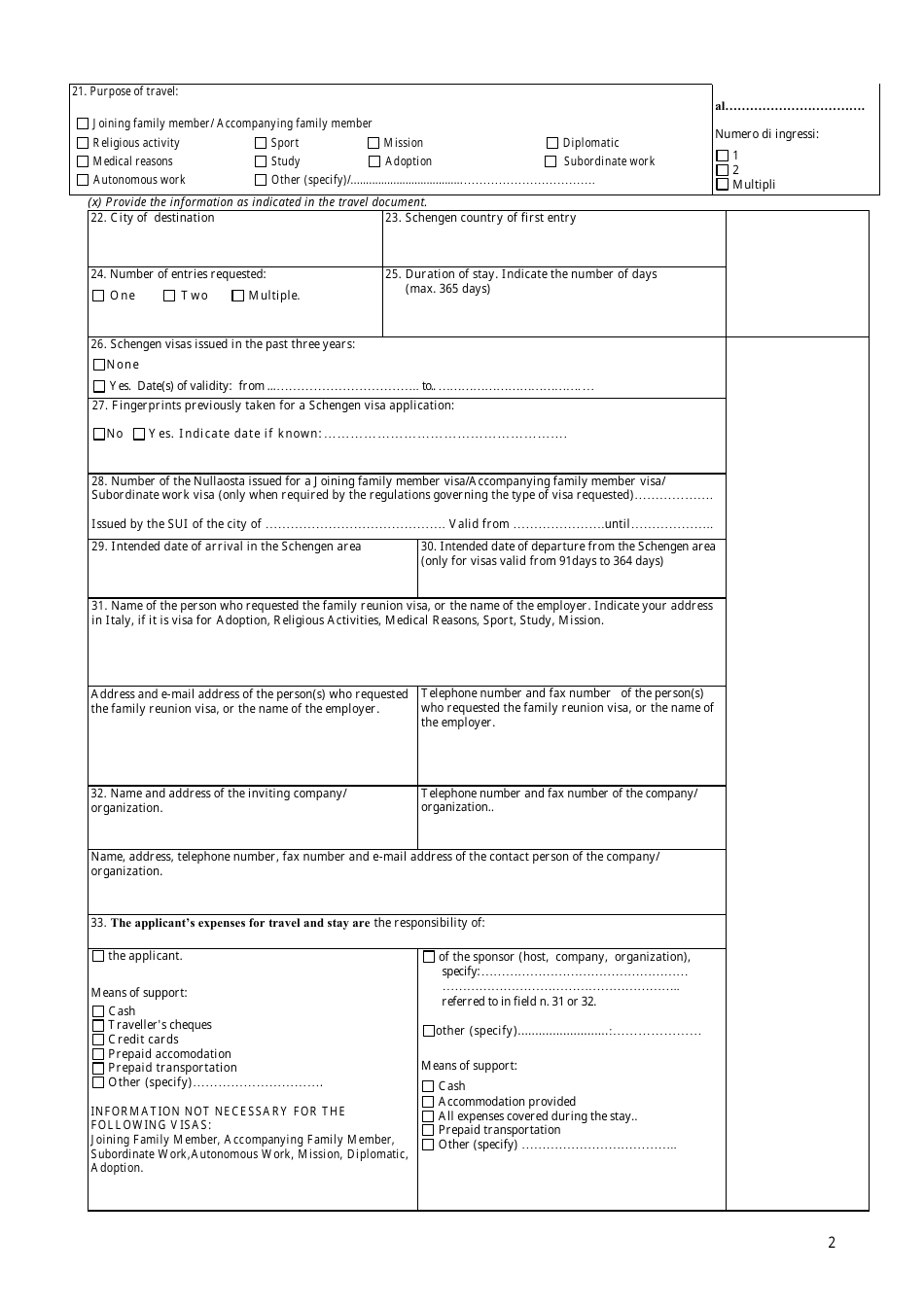 Italy National (D) Visa Application Form - Consulate General of Italy - Los Angeles, California, Page 2