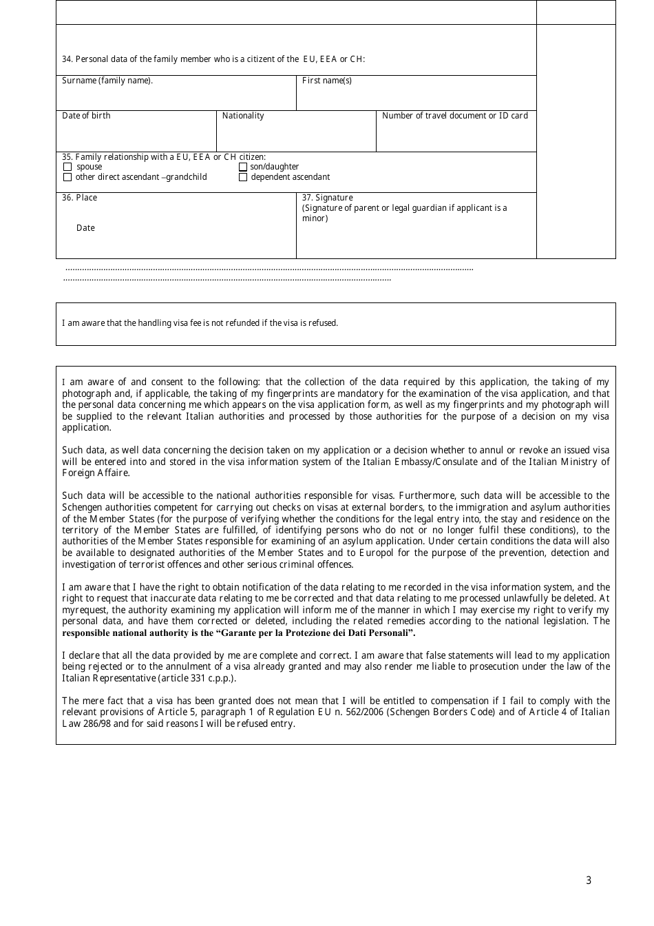 Italy National (D) Visa Application Form - Consulate General of Italy - Los Angeles, California, Page 3