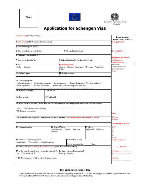 Italian Schengen Visa Application Form - Consolato Generale D'italia - Karachi, Pakistan Download Pdf