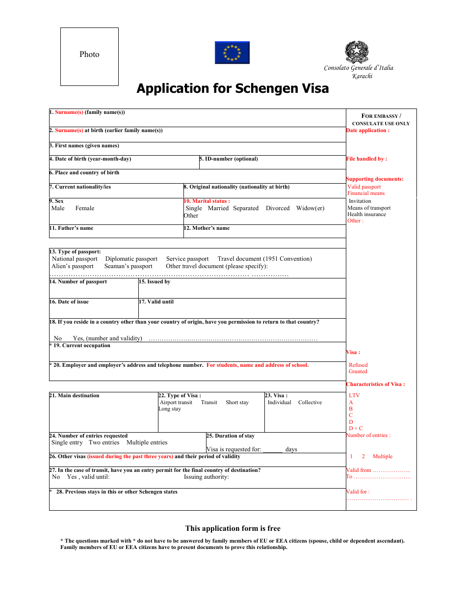 Italian Schengen Visa Application Form - Consolato Generale Ditalia - Karachi, Pakistan, Page 1