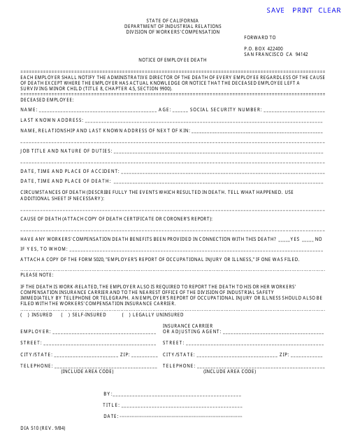 Form DIA510 Notice of Employee Death - California