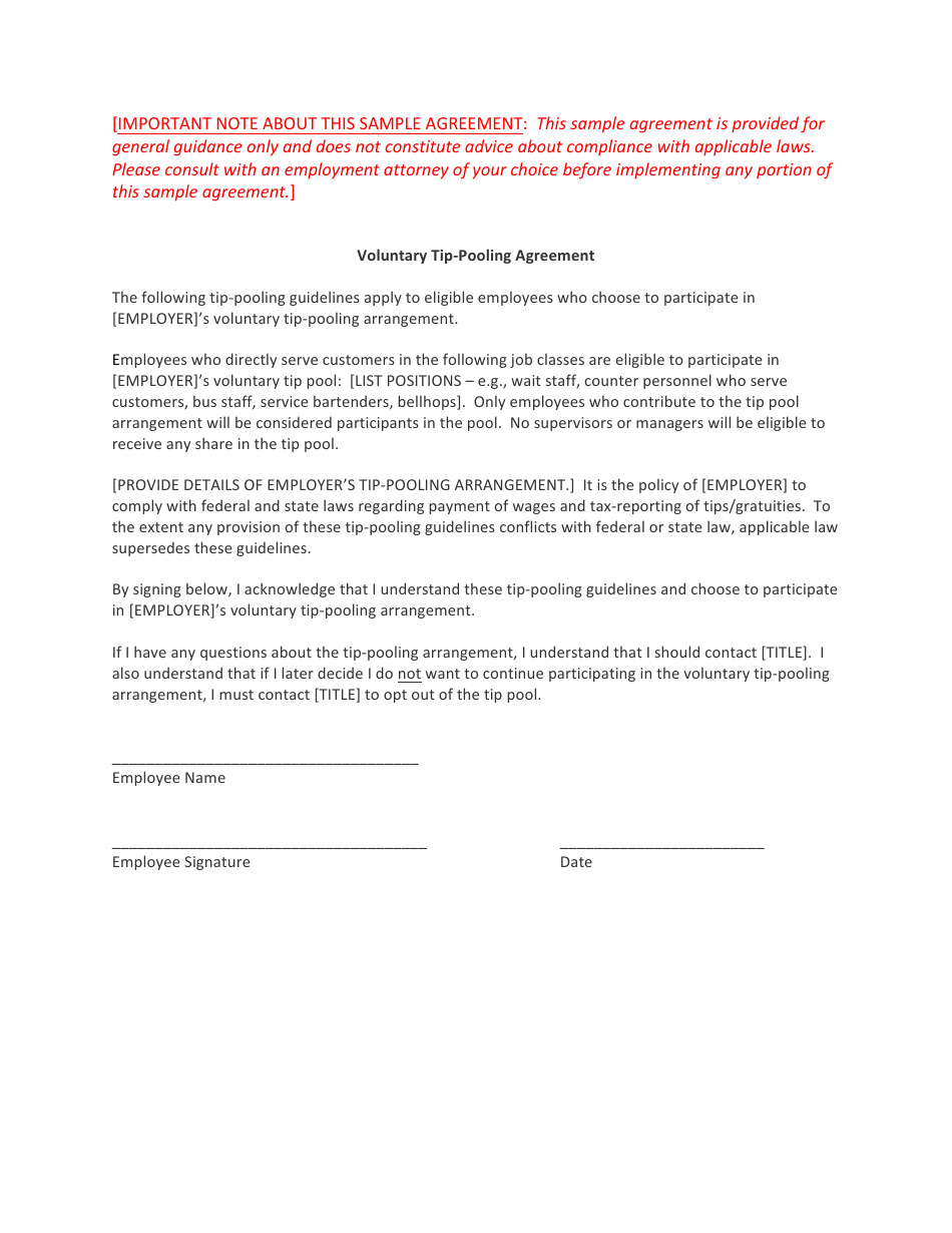 Voluntary Tip-Pooling Agreement Template, Page 1