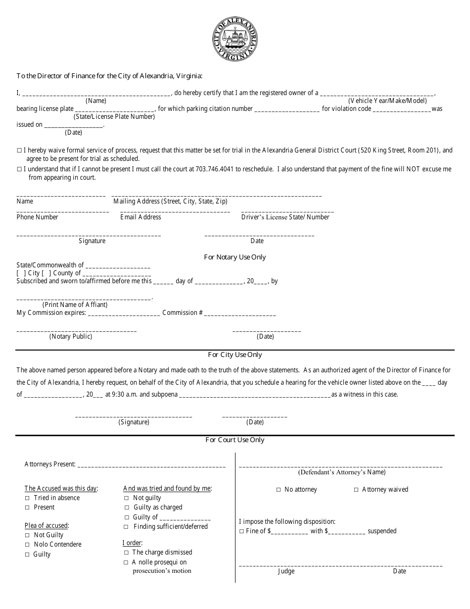 City of Alexandria, Virginia District Court Affidavit Form - Fill Out ...