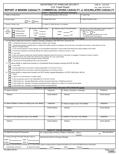 Form CG-2692 Report of Marine Casualty, Commercial Diving Casualty, or Ocs-Related Casualty