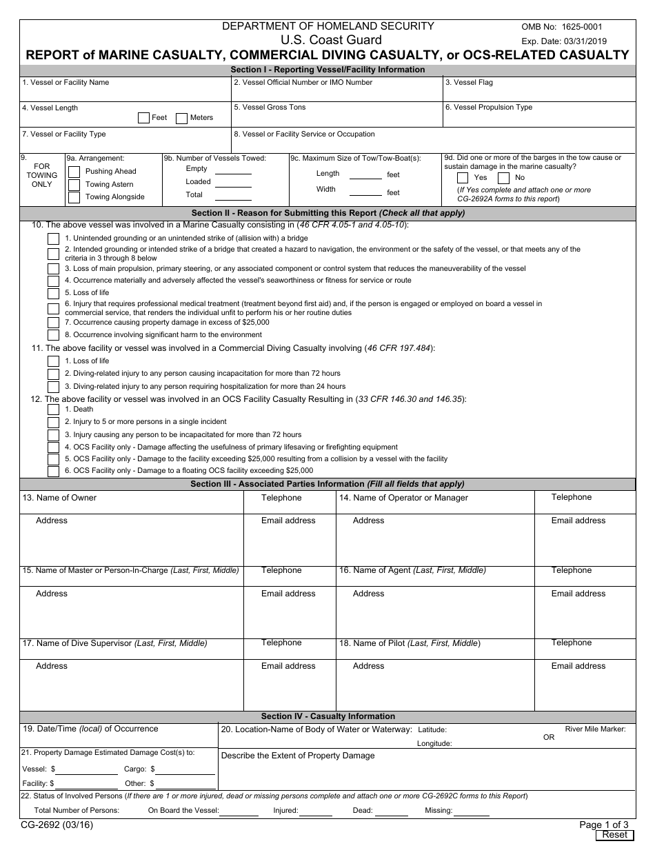 Form CG-2692 Report of Marine Casualty, Commercial Diving Casualty, or Ocs-Related Casualty, Page 1