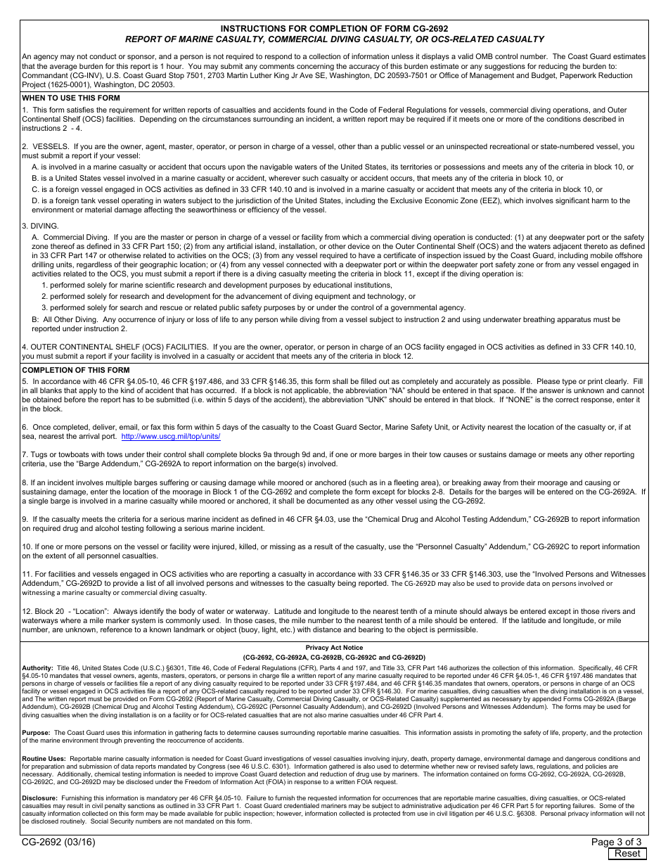 Form CG-2692 Report of Marine Casualty, Commercial Diving Casualty, or Ocs-Related Casualty, Page 3