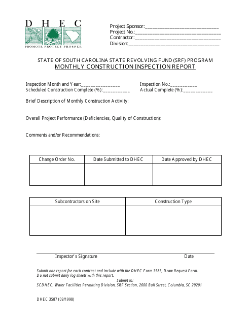DHEC Form 3587  Printable Pdf