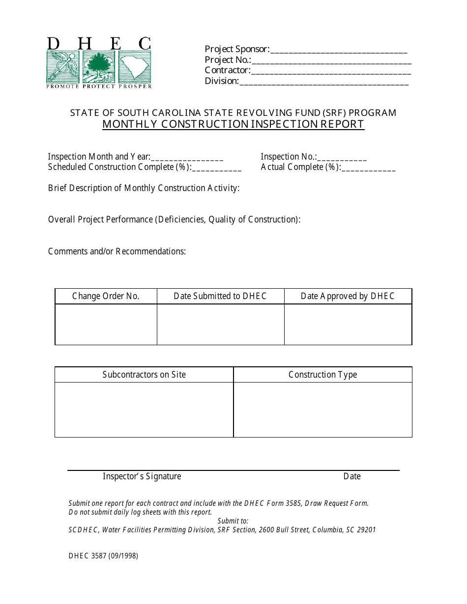 DHEC Form 3587 Monthly Construction Inspection Report - State of South Carolina State Revolving Fund (Srf) Program - South Carolina, Page 1