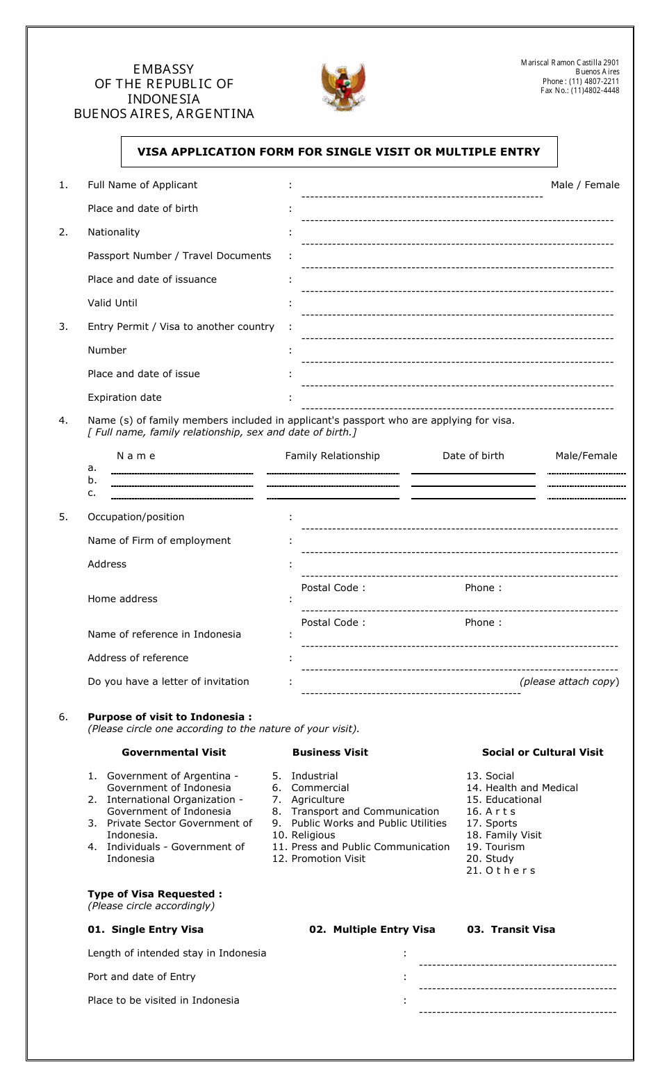 Buenos Aires Argentina Indonesian Visa Application Form For Single