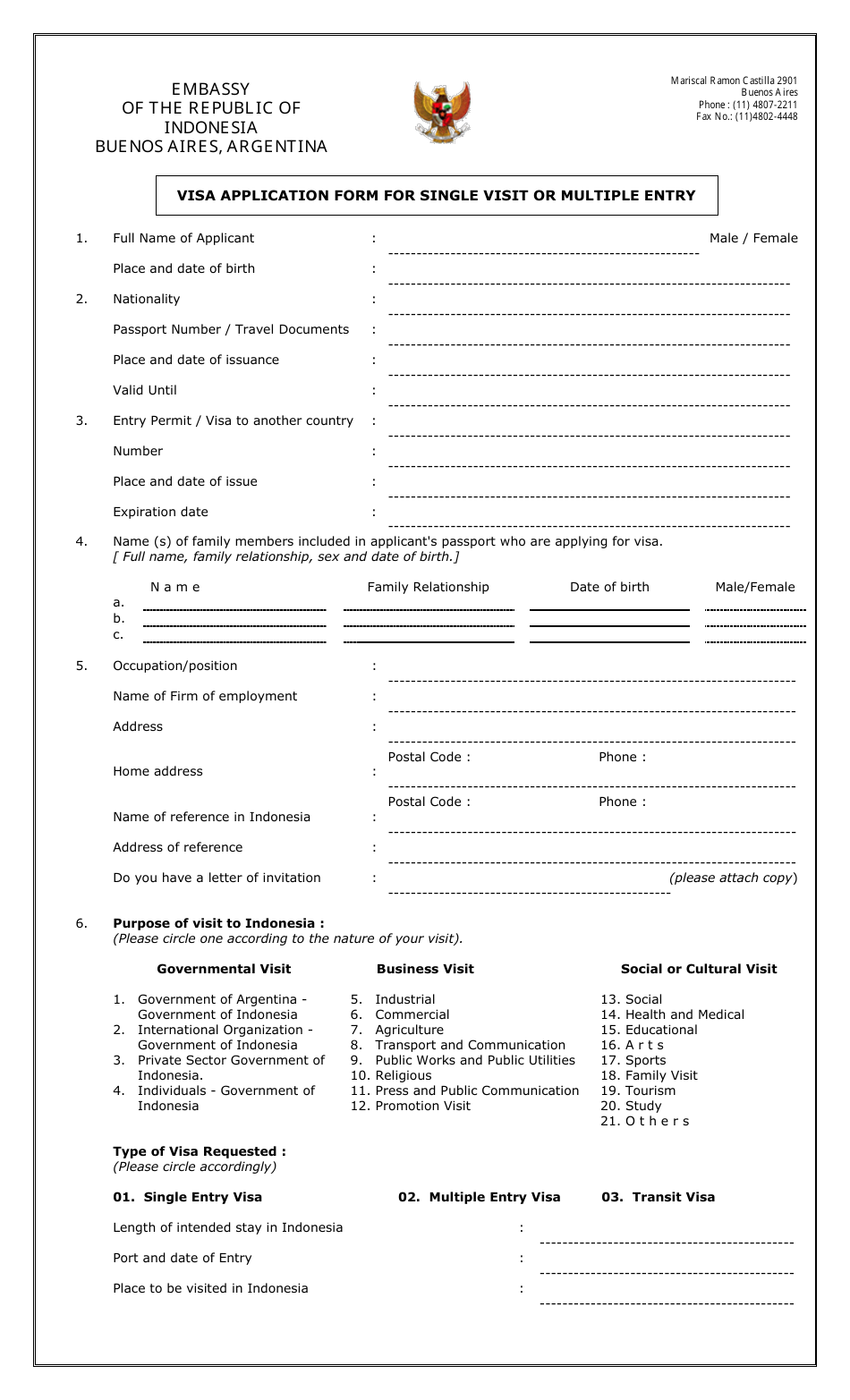 Indonesian Visa Application Form for Single Visit or Multiple Entry - Embassy of the Republic of Indonesia - Buenos Aires, Argentina, Page 1